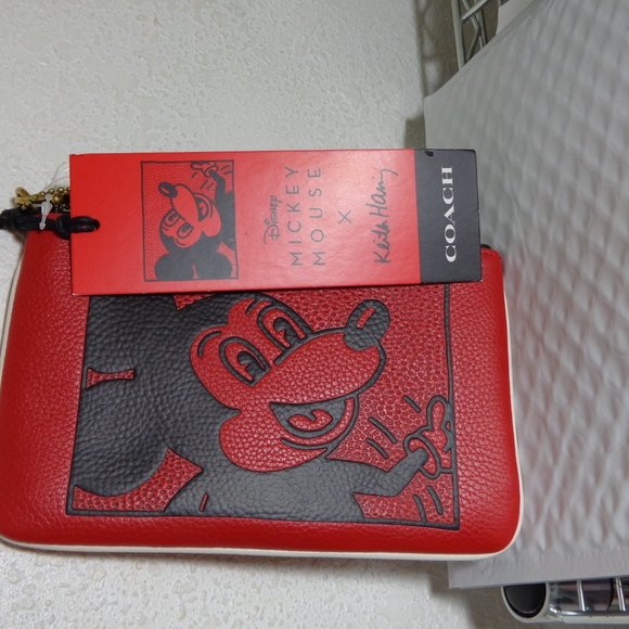 Coach Mickey Mouse Electric Red Leather Wristlet Keith Haring LTD Editio…